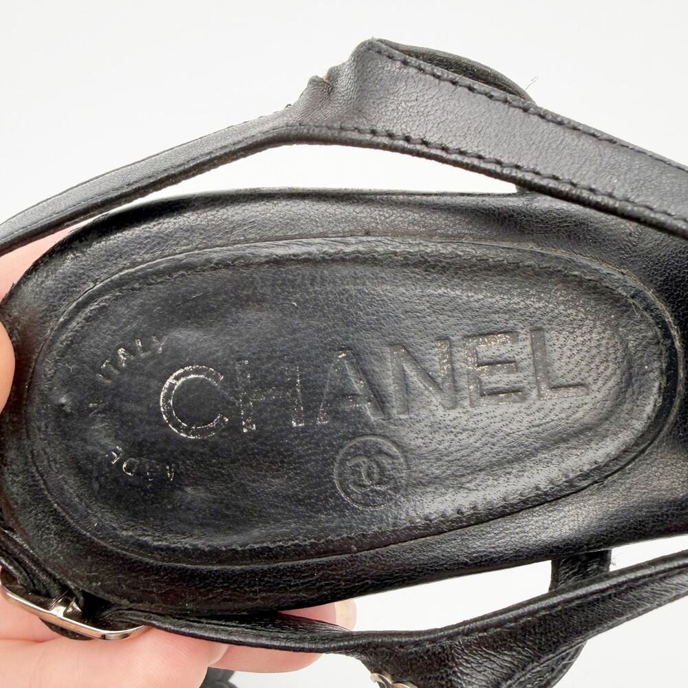 Chanel Camellia Sequin Black Leather Thong Sandal Flat Silver CC Logo Shoes 36.5 - Picture 4 of 12